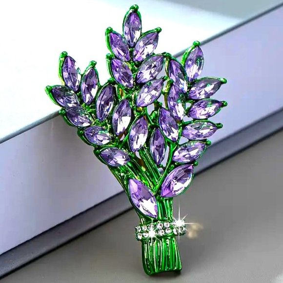 Brooch Purple Flowers Rhinestone Pin Stylish Bouquet Sparkle Glam Hollywood Fun - Picture 1 of 6